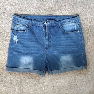 SHEIN Women’s Curve Mid Wash High Waisted Distressed Denim Jean Shorts Size 3XL